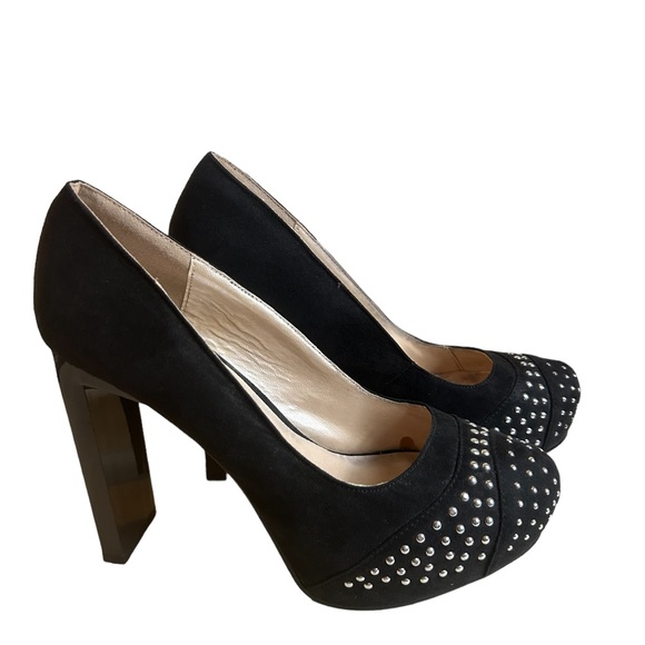 Black Platform High Heels Size 8.5 Womens Block Heel 4.5” Faux Suede Studded - Picture 8 of 11